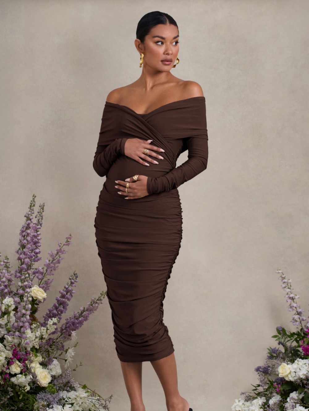 Brown Ruched Twist Bardot Maternity Midi Dress